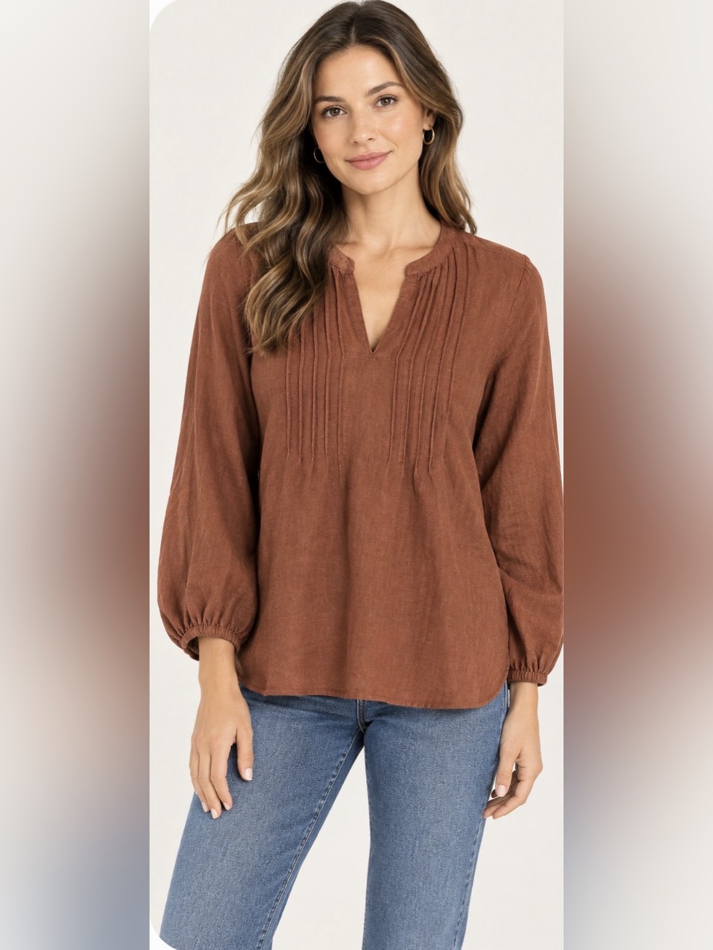 Sigrid Olsen Linen Blouse M Terracotta  Pleated Split Neck Balloon Sleeve NWT
